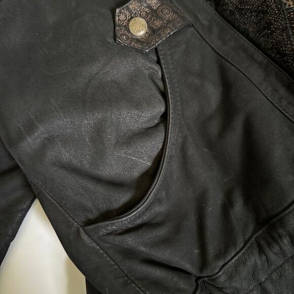 Vintage Black Bomber Leather Jacket Mixed Print Size Large - Picture 14 of 16